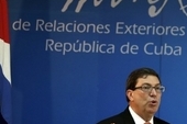 Cuba's Foreign Minister Bruno Rodriguez presents the annual report on the effects of the US blockade at a press conference in advance of the UN vote next month