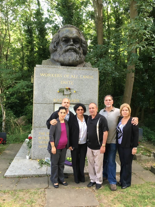 Rene, Gerardo, and the Cuban ambassador with their partners at Karl Marx's tomb