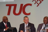 Eddy Brown translating for the CTC's Salvador Mesa and Raymundo Navarro at the TUC Congress in 2009