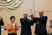 Dr. Roberto Morales, Minister of Public Health of Cuba, and Cuban physician Felix Báez Sarría, who contracted the Ebola virus while on a medical mission to combat the epidemic in Sierra